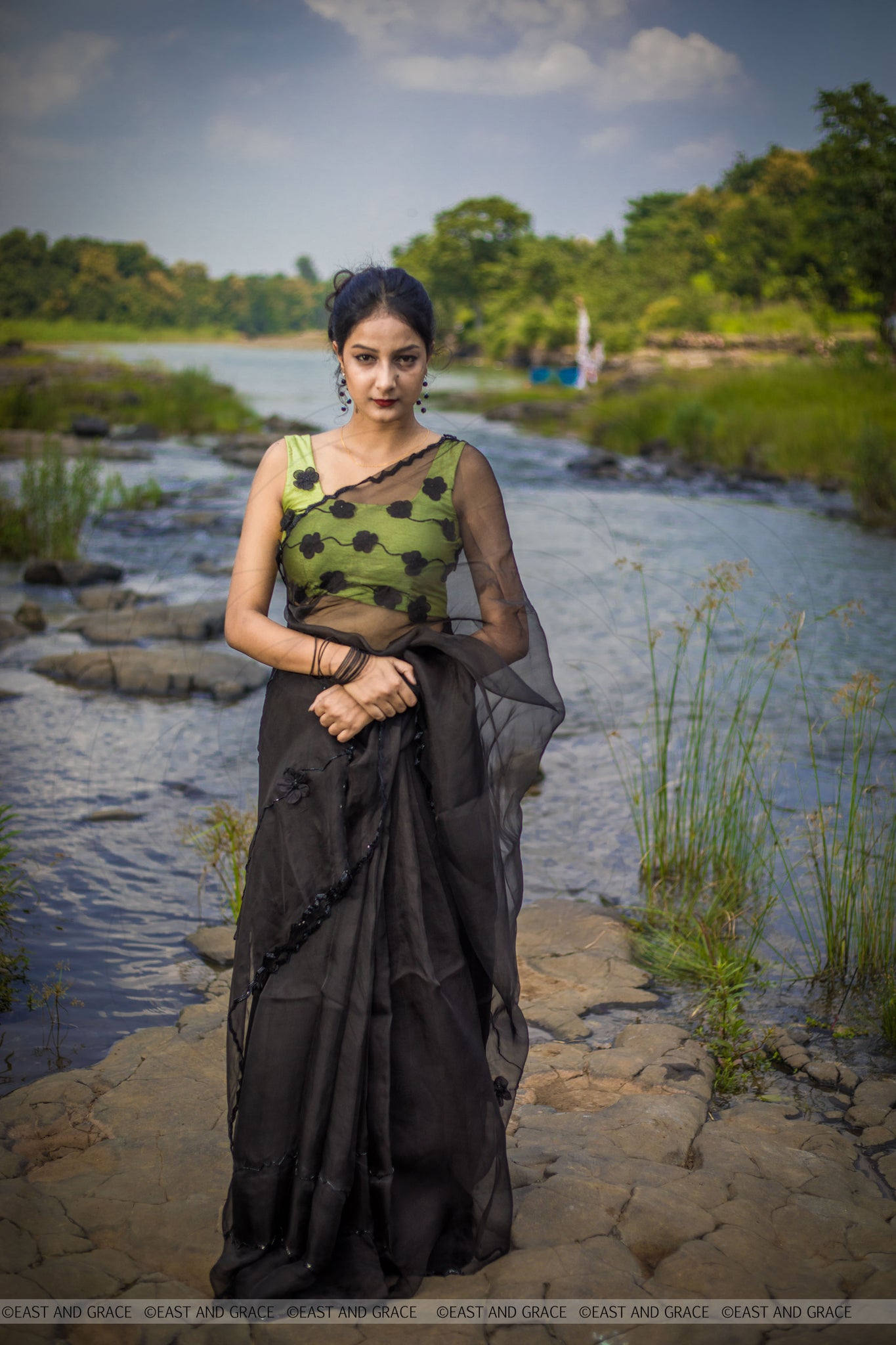 Black Cassia Pure Silk-Organza Hand Embroidered Saree