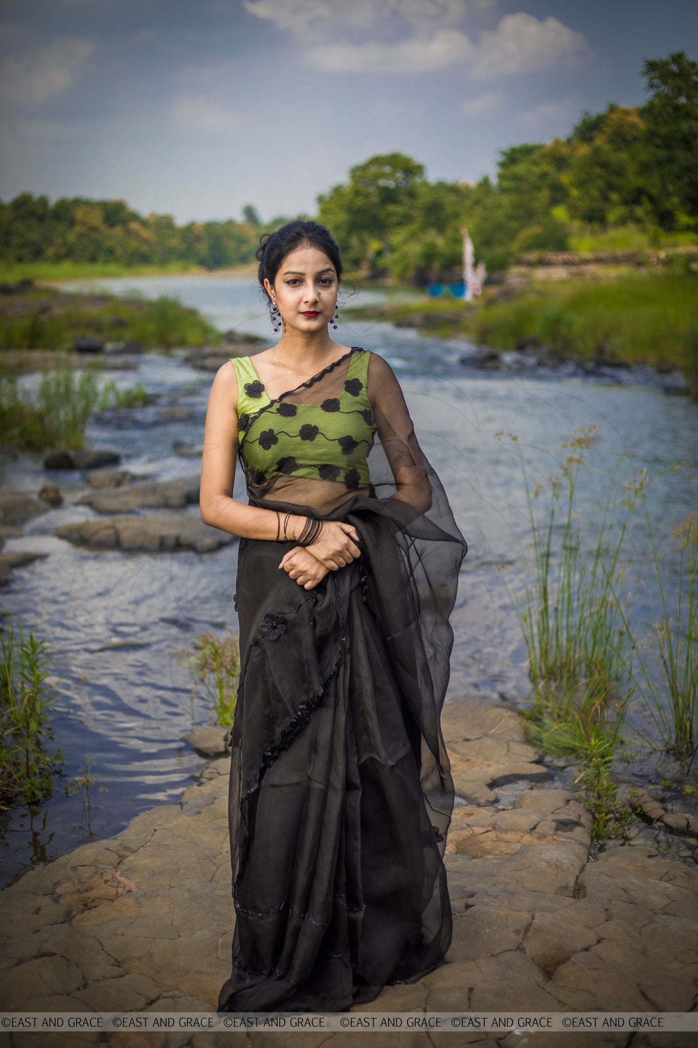 Black Cassia Pure Silk-Organza Hand Embroidered Saree