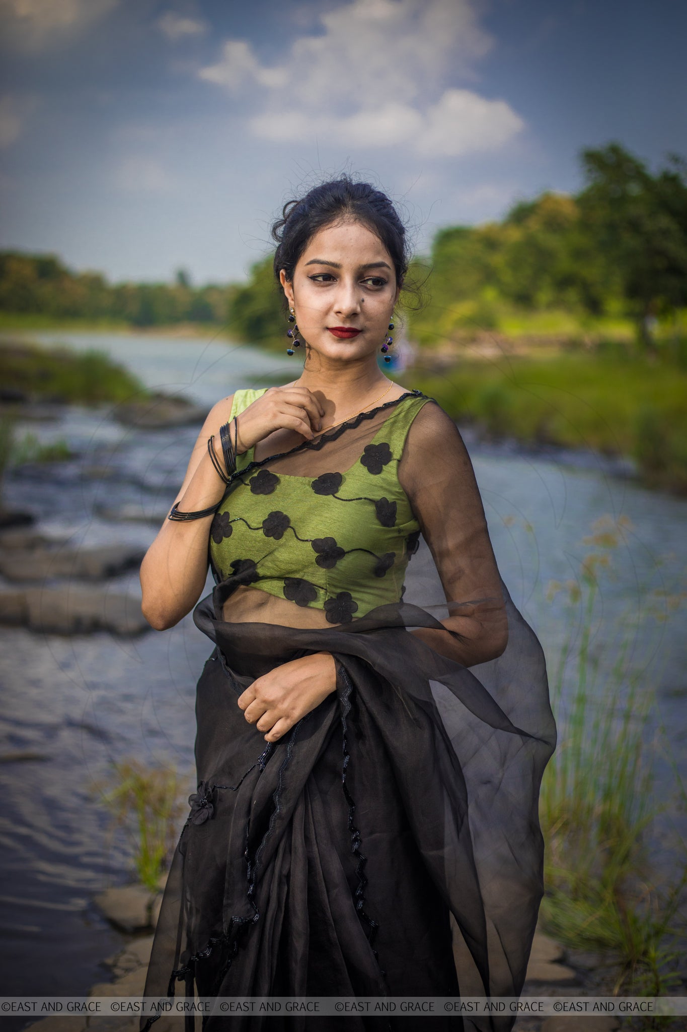 Black Cassia Pure Silk-Organza Hand Embroidered Saree