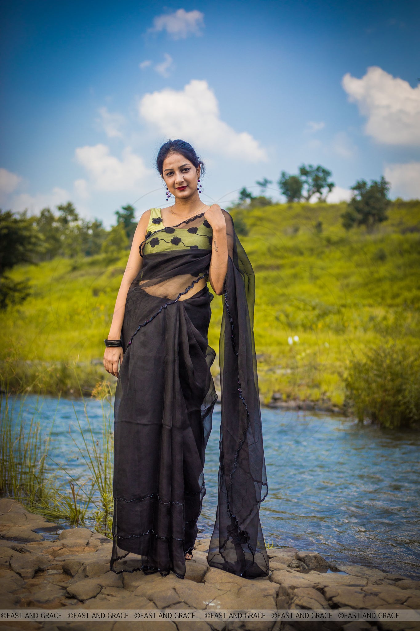 Black Cassia Pure Silk-Organza Hand Embroidered Saree