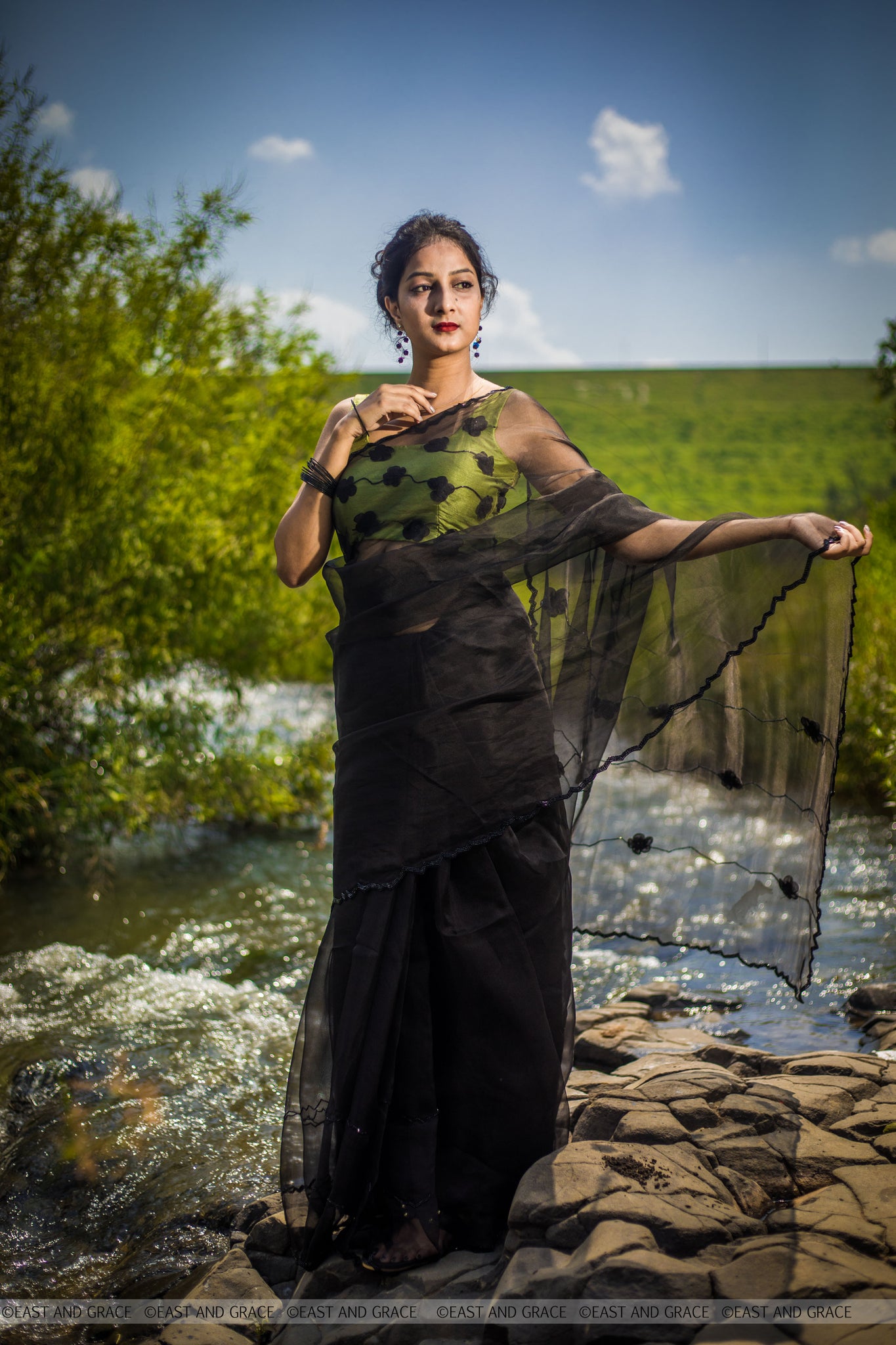 Black Cassia Pure Silk-Organza Hand Embroidered Saree