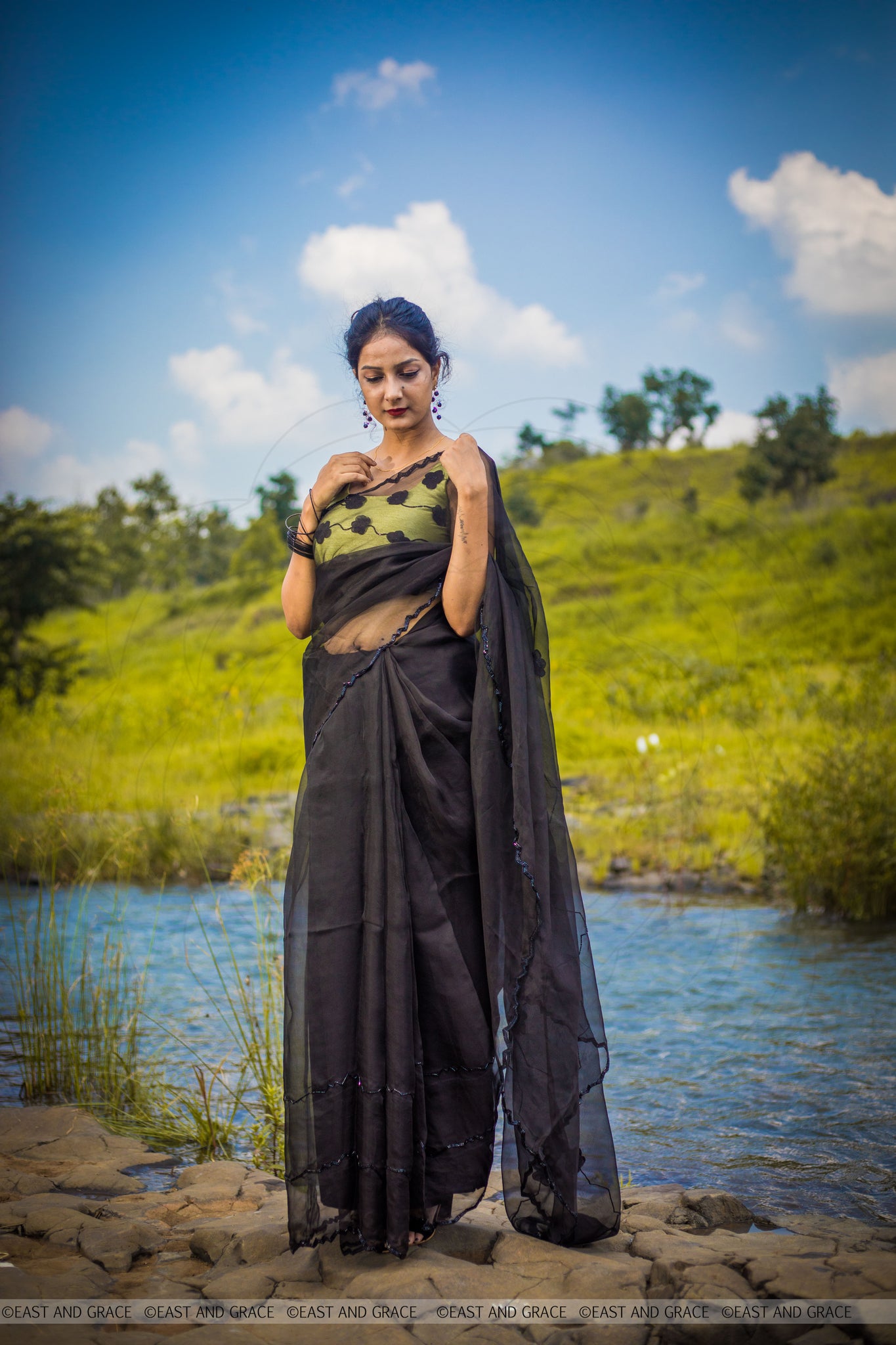 Black Cassia Pure Silk-Organza Hand Embroidered Saree