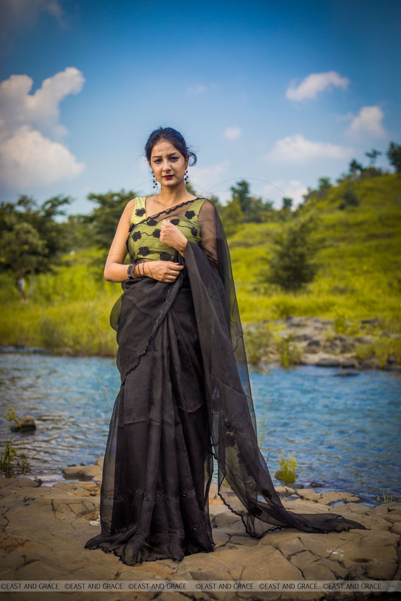 Black Cassia Pure Silk-Organza Hand Embroidered Saree