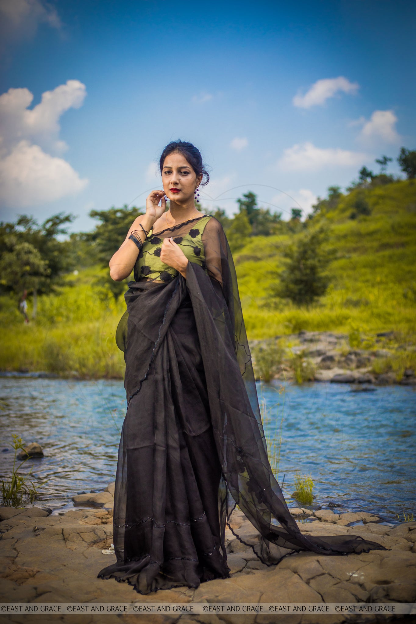 Black Cassia Pure Silk-Organza Hand Embroidered Saree