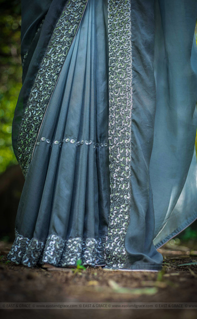 Deep Sea Blue-Green Pure Silk-Georgette Saree with Sequins