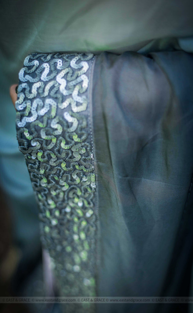 Deep Sea Blue-Green Pure Silk-Georgette Saree with Sequins