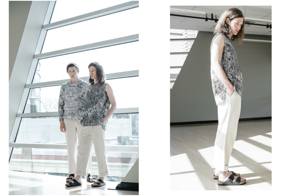 Slow fashion concepts by Nowhere Studio featuring digital prints in Organic Cotton