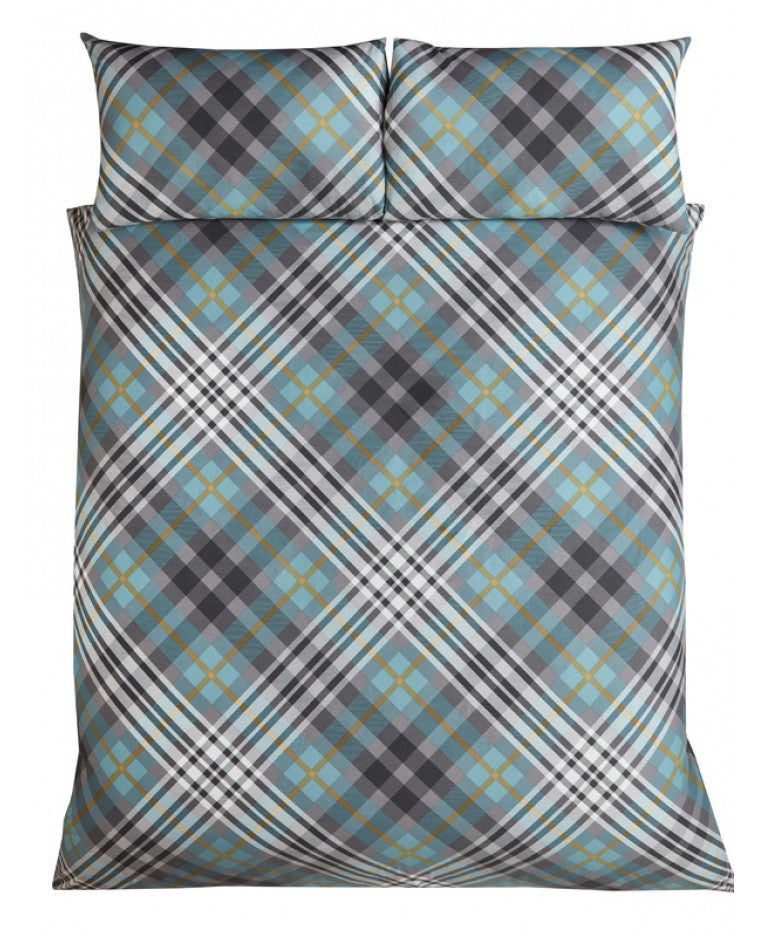 Tartan Brushed Cotton Duvet Cover Set Duck Egg Patterned