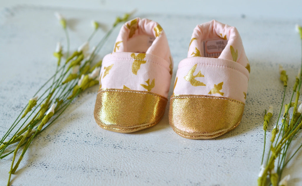 gold bird print baby shoes