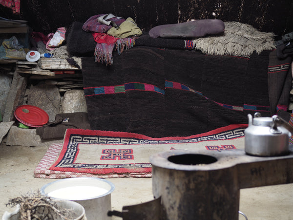 Two typical Changthang carpets in a tent of the nomads.
