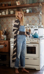 free people long cardigan with jean overalls