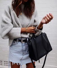 denim skirt and sweater