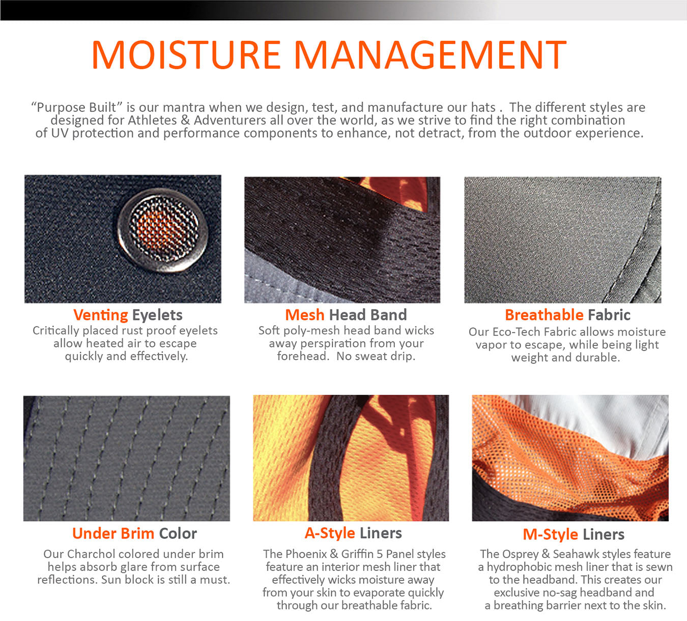 Sun Hat Moisture Management-Shelta Sun Hat Moisture Management System - Interior mesh liner effectively wick moisture away from  your skin to evaporate quickly through our breathable fabric.  The headband then wicks away any remaining  perspiration from your forehead.
Breathable Sun Hat Fabric -   Extremely breathable, which allows moisture and heat to escape from the inside out. DWR (water repellent) rating which repels moisture, dries quicker and floats better. Environment friendly recycled polyester
Shelta Sun Hat Moisture Management System - Interior mesh liner effectively wick moisture away from  your skin to evaporate quickly through our breathable fabric.  The headband then wicks away any remaining  perspiration from your forehead.
Shelta Sun Hat Venting - Critically placed eyelets allow heated air to escape quickly and effectively. A simple, but critical part of keeping your head cooler. 
Shelta Sun Hat Head Band - The headband is sewn to the mesh liner, which keeps it from sagging when it gets soaking wet.  This makes for a no hassle experience when putting your hat back on in the water.
Shelta Sun Hat Stash Pocket - Each style features a pocket to store your convertible cord system in when not in use.  Also a great place to stash small items like keys, credit card or drivers license
Shelta One hand sun hat cinch -  Having to use both hands to tighten your hat is not an option for stand up paddling.  Our one handed cinch is critical for that quick on the fly adjustment
Water safe sun hat - Dual layers of closed-cell brim foam, our plastic winged vision visor and water repellent fabric enables our hats to FLOAT.  Also has an easy to spot orange interior.
Reflective Sun Hat logo
Sun Hat sun protection - Two crown styles and brim widths. Multiple  technical features designed for your specific outdoor performance needs. Sun Hats Designed for fishing, SUP, Stand Up Paddle and athletes and adventures.  
