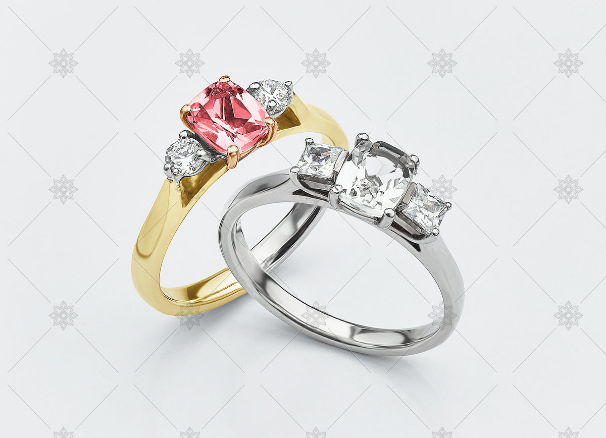 diamond and pink ruby trilogy rings