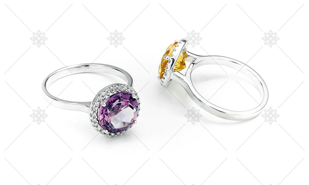 Citrine and Amethyst halo rings