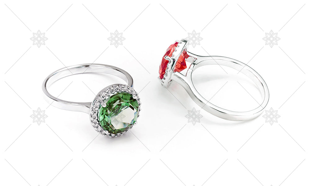 Emerald and Ruby Halo Rings