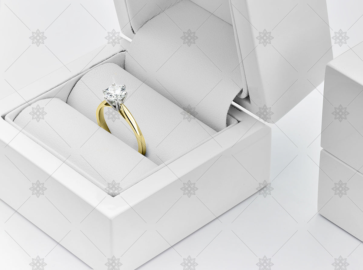 Yellow gold Diamond ring in a Gloss White Jewellery Box and Packaging