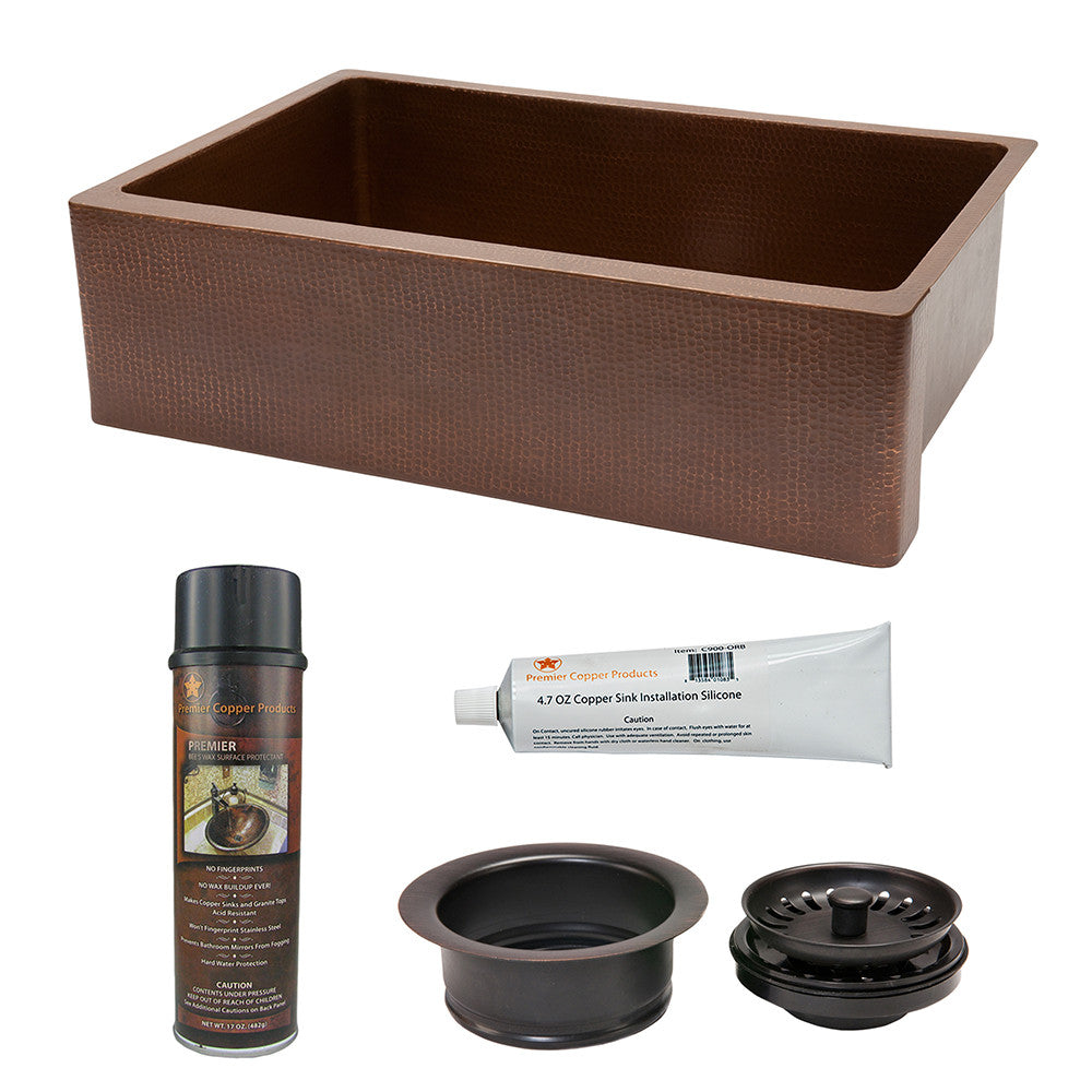 KSP3_KASB33229 - 33" Antique Hammered Copper Kitchen Apron Single Basin Sink with Matching Drain, and Accessories
