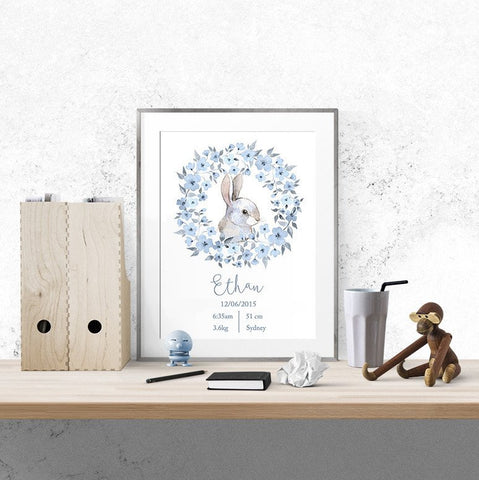 "Personalised birth print - blue bunny"  by One Tiny Tribe - great for a boy nursery - available at www.onetinytribe.com