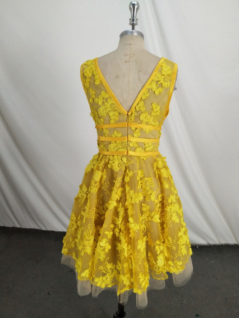 Unique V Neck Lace Appliques Yellow Short Prom Dresses Homecoming Dresses, Yellow Lace Formal Dresses, Graduation Dresses, Evening Dresses