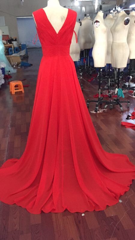 Glamorous V Neck Red Prom Dresses, Red Formal Dresses, Red Evening Dresses