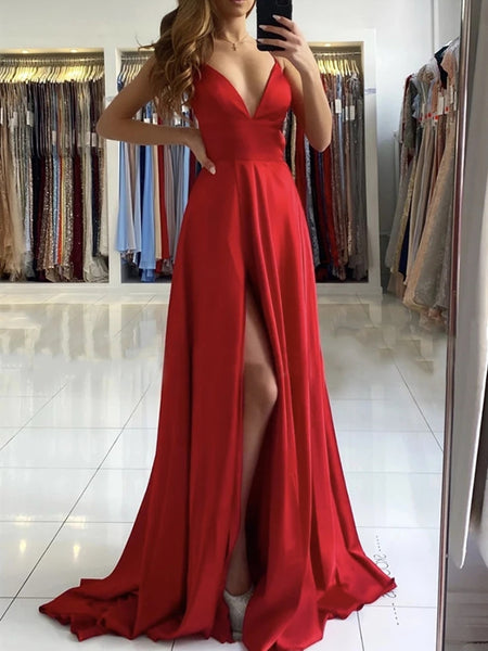 A Line V Neck Backless Long Red Prom Dresses With High Slit Backless Shiny Party 7008