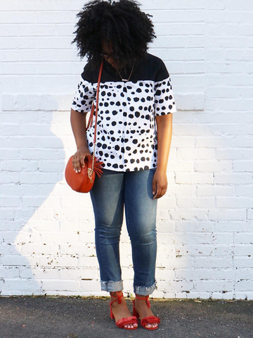 One of our favorite bloggers styling our bold and breezy polka dot top. 