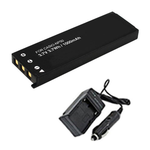 Amsahr Extended Performance Replacement Digital Camera and Camcorder Battery PLUS Mini Battery Travel Charger for Casio NP-50, NP-50DBA, Exilim EX-V8, EX-V8SR - Includes Car Adapter