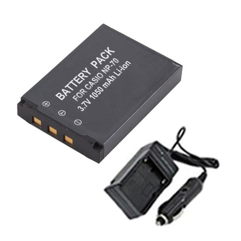 Amsahr Extended Performance Replacement Digital Camera and Camcorder Battery PLUS Mini Battery Travel Charger for Casio NP-70, Exilim Zoom EX-Z250, EX-Z150GN - Includes Car Adapter