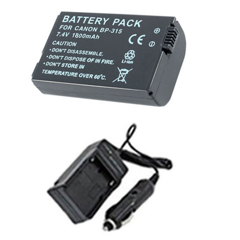 Amsahr Extended Performance Replacement Digital Camera and Camcorder Battery PLUS Mini Battery Travel Charger for Canon BP-315, DC10, 50, Optura: S1, IXY: DVS1 - Includes Car Adapter