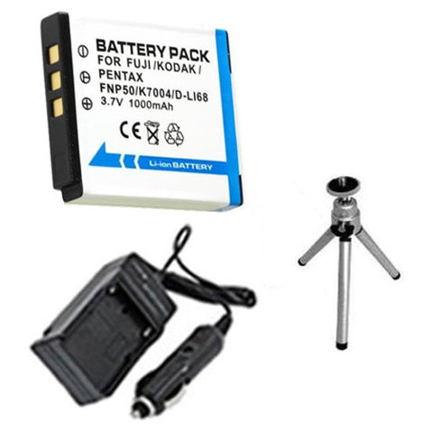 Amsahr Extended Performance Replacement Digital Camera and Camcorder Battery PLUS Mini Battery Travel Charger for Pentax D-LI68, Fujifilm NP-50, Pentax Optio: A36 - Includes Car Adapter