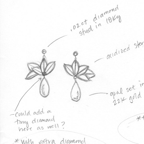 sketch of opal origami earrings for Fire and Forge 