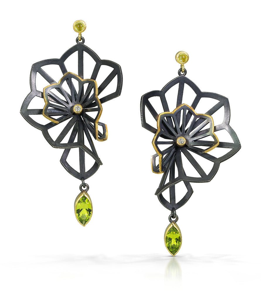 Karin Jacobson Jewelry Origami Collection Kirigami fan earrings with arizona peridots