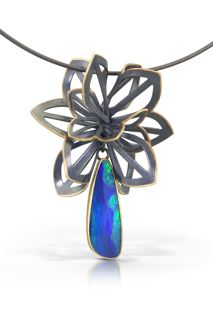 Karin Jacobson Jewelry Origami Collection triple fold pendant with australian opal