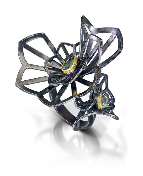 Karin Jacobson Jewelry Design Kirigami Fan Ring pear cut sapphires sterling silver 18k gold