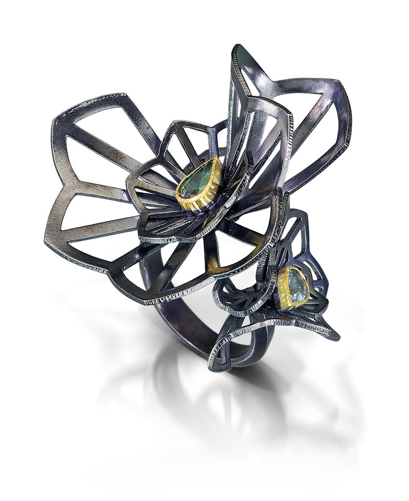 Karin Jacobson Jewelry Origami Collection Kirigami fan ring with sapphires