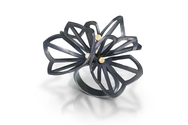 Karin Jacobson Jewelry double hyacinth origami ring sterling silver 18 karat gold diamonds
