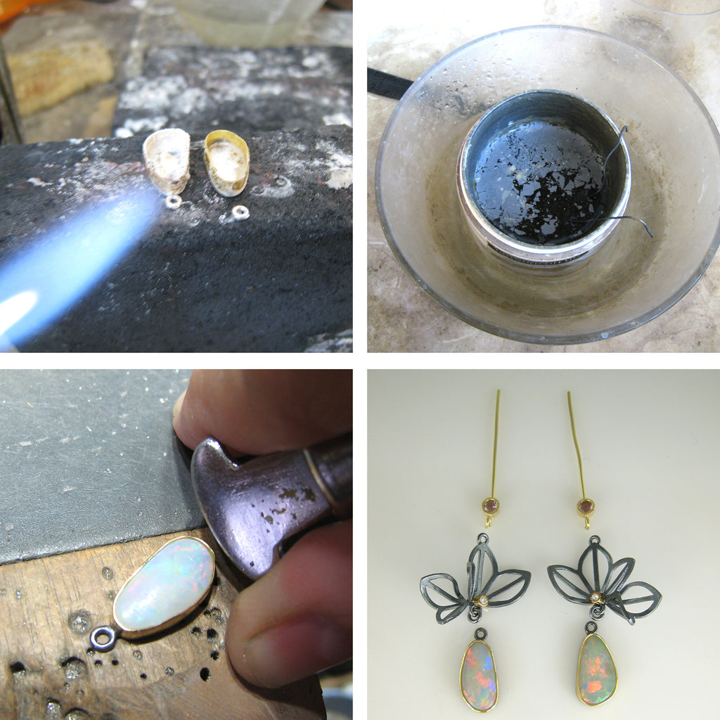 Setting opals and final assembly of Origami Lotus Earrings with Opals