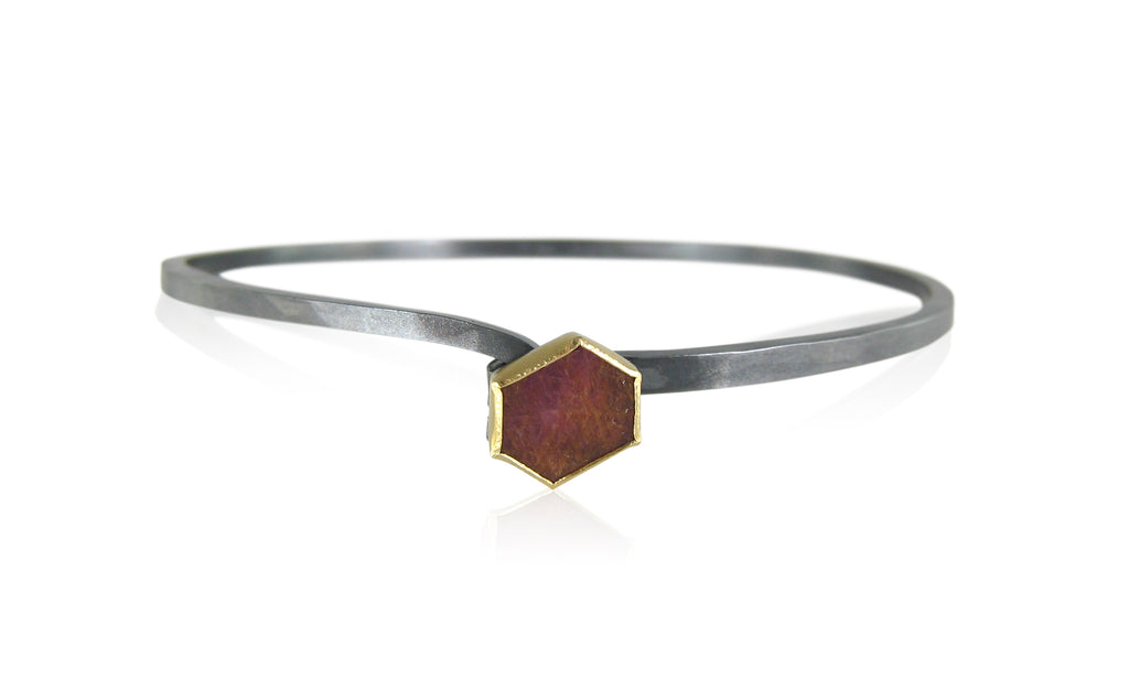 Karin Jacobson Jewelry Design Hook Bracelet with Hexagon shaped fair trade ruby slice