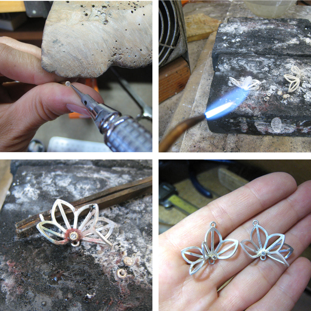 setting and soldering diamonds for Origami Lotus Earrings with opals
