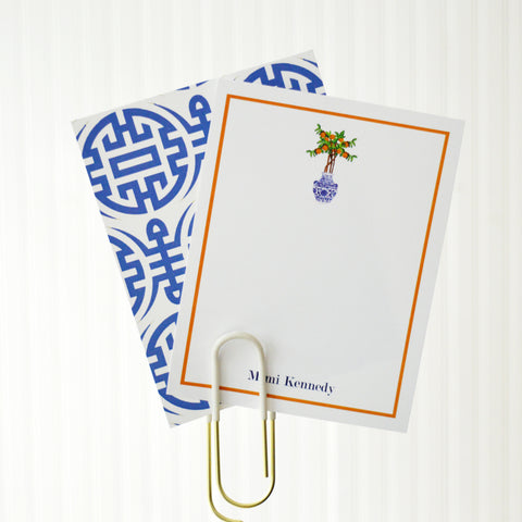 Orange Tree in blue and white chinoiserie pot personalized flat notecard by WH Hostess