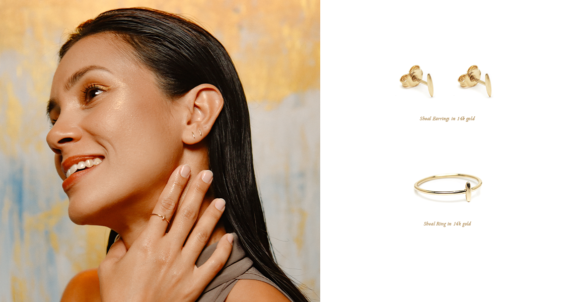 minimalist fine jewelry. ebb and flow 14k gold ring and earring