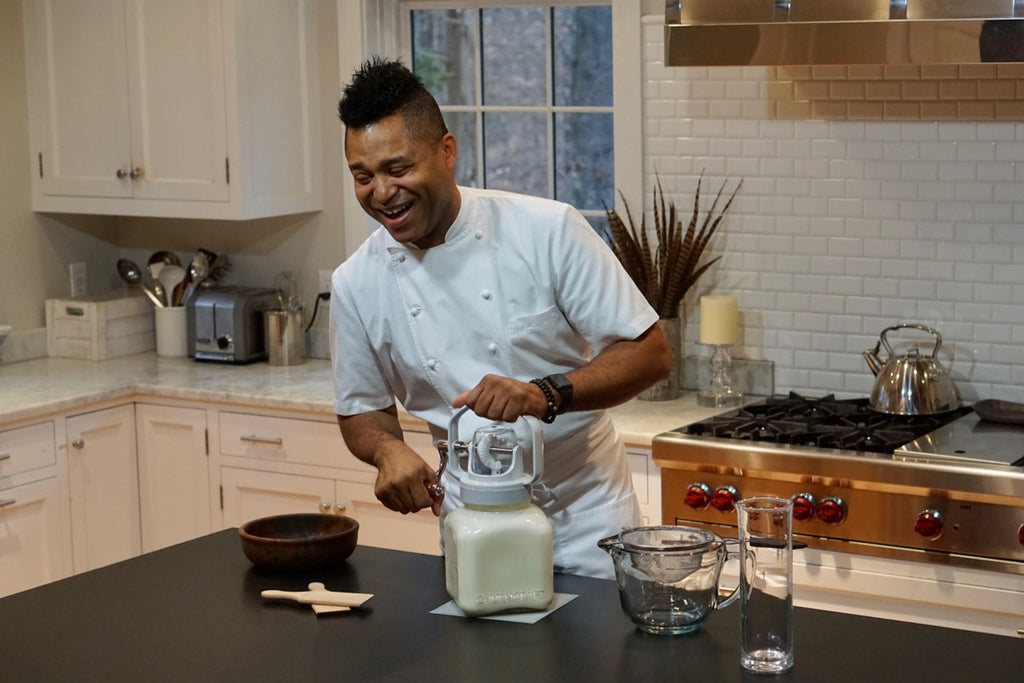 Marlon making butter with Churncraft butter churn