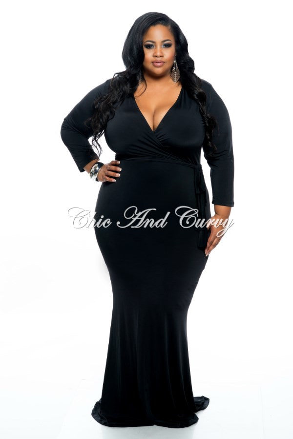 New Plus Size Bodycon Long Faux Wrap Dress With Tie In Black Chic And Curvy 