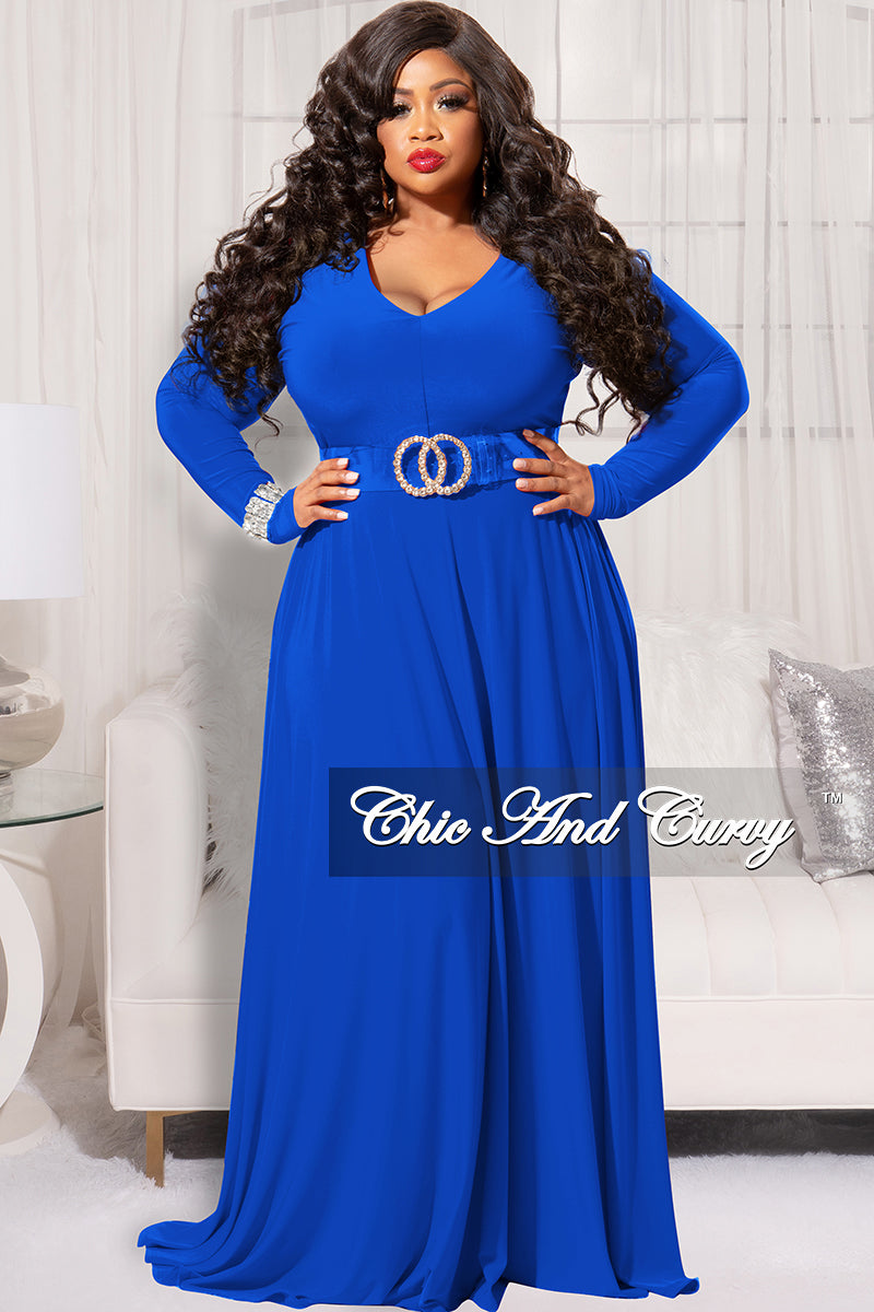 Final Plus Size Long Sleeve Gown with V-Neck in Royal Blue Chic And Curvy