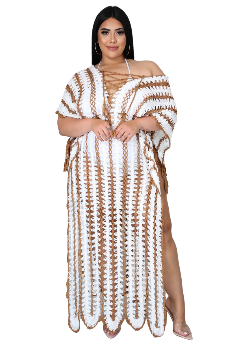 Final Sale Plus Size Crochet Cover Up in White & Tan