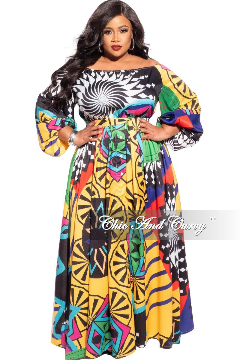 Final Sale Plus Size Off the Shoulder Maxi Dress in Multi Color Design Print