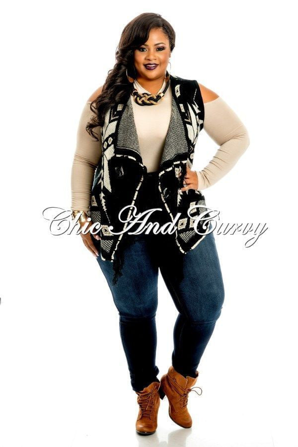 New Plus Size Sweater Vest With Open Front In Black And Cream Snowflak Chic And Curvy 