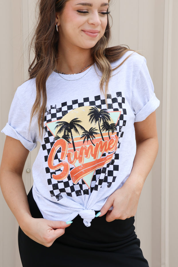 Retro Checkered Summer Graphic Tee - Cenkhaber