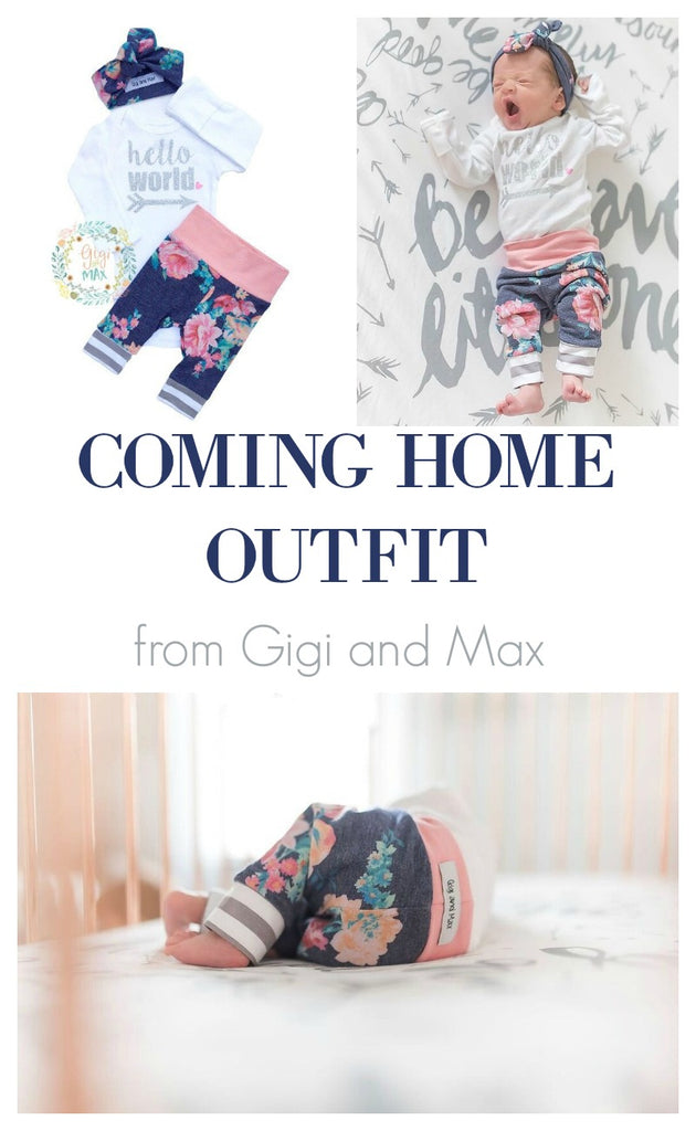 Gorgeous coming home outfit from Gigi and Max. This is the cutest thing I've ever seen. Love the striped cuffs on the leggings. Pinning for later!
